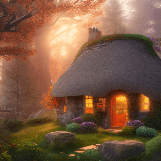 AI generated: miniature cottage in a fantasy setting surrounded by trees in warm colors, cozy atmosphere; 8k, intr...