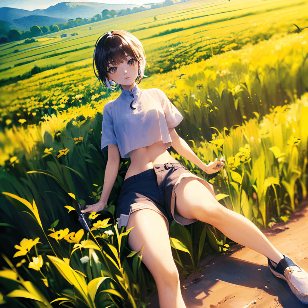 AI generated: ((masterpiece, 4k quality, authentic:1.3), a prepossessing woman wearing a Linen shorts, crop top, e...