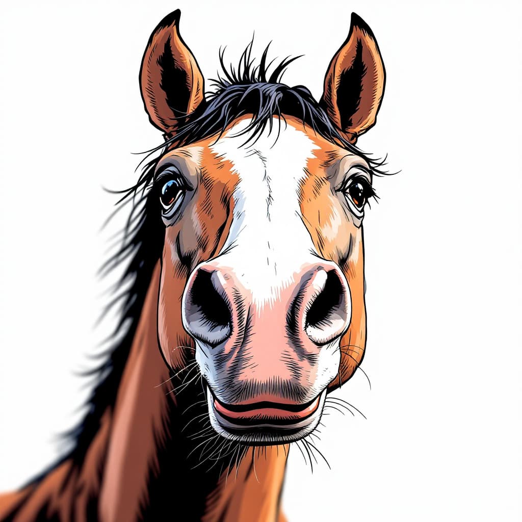 AI generated: A closeup drawing of a comedic horse with enflared nostrils, in the style of comics, quirky expressi...