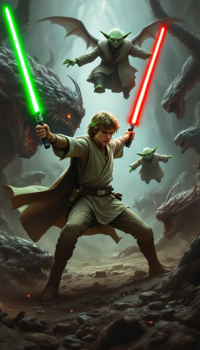 AI generated: Luke Skywalker, fighting various monsters
with 2 lightsabers, 1 green and the other red. and Master ...