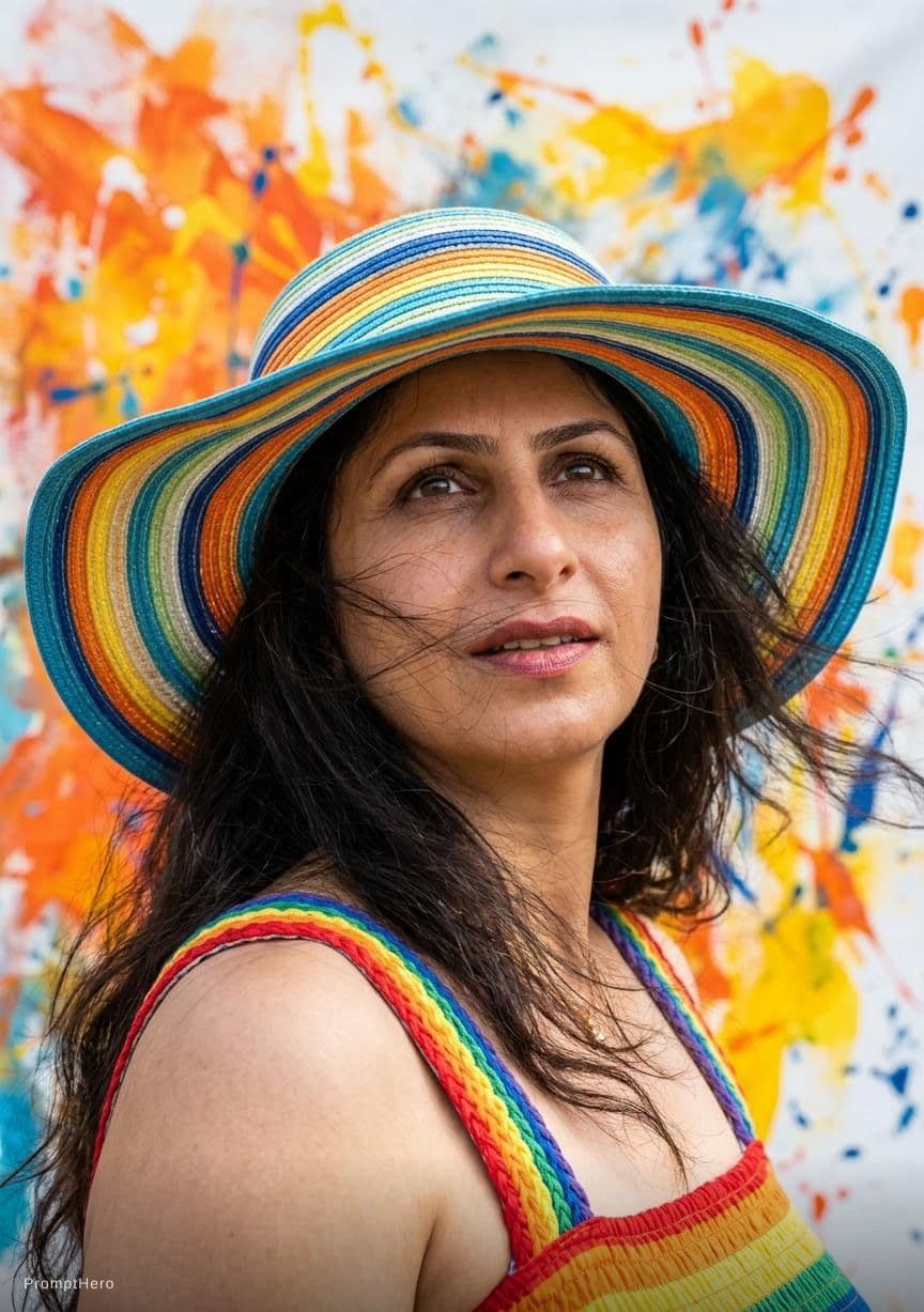 AI generated: Create an image of a woman with a contemplative expression, wearing a wide-brimmed, multicolored sum...