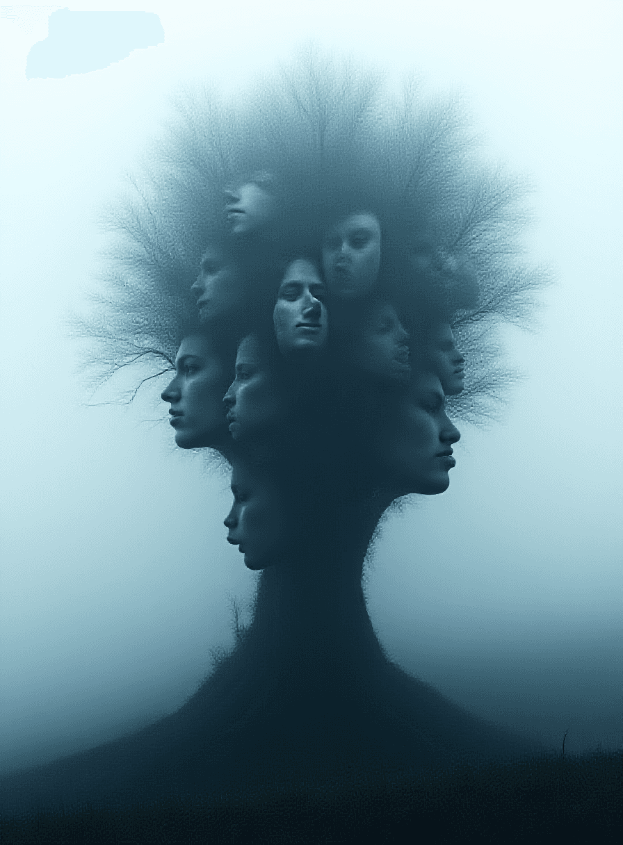 AI generated: a tree made of Multiple human faces, a foggy mountain background, a foggy mountain landscape, dark s...