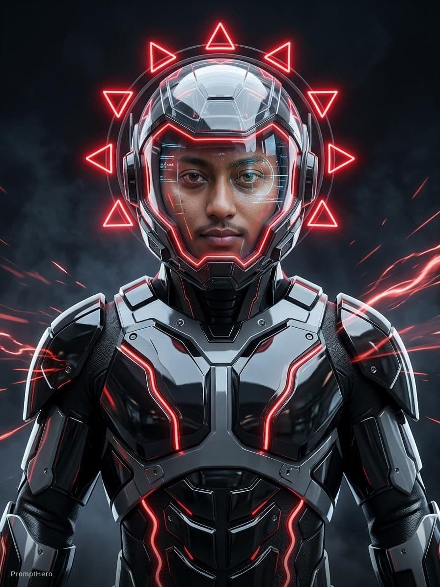 AI generated:  futuristic cyborg boy featuring a captivating reflective cybernetic helmet adorned with glowing tri...