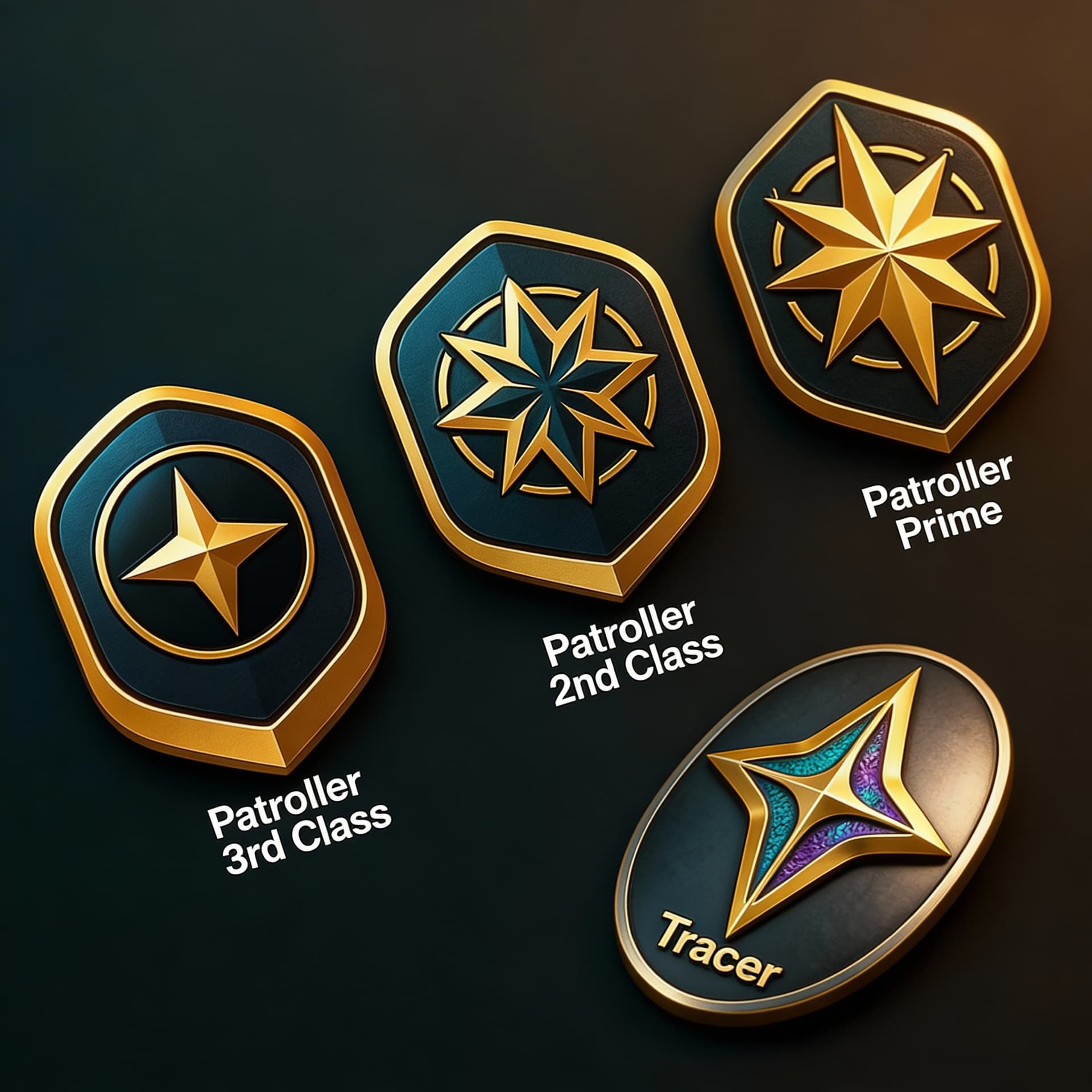 AI generated: Create a Sci-Fi Badge ranking. Use the reference image 1, and add 
•	Patroller 3rd Class under the f...