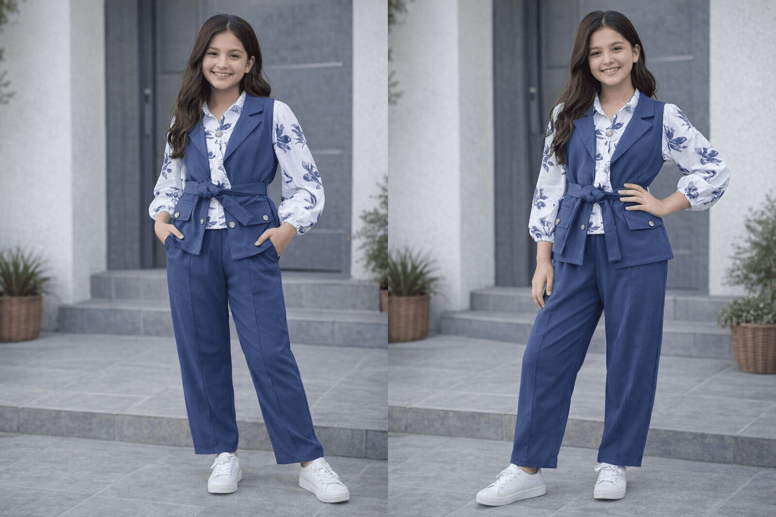 AI generated: Complete image of teenager wearing this clothes with 2 differente positions