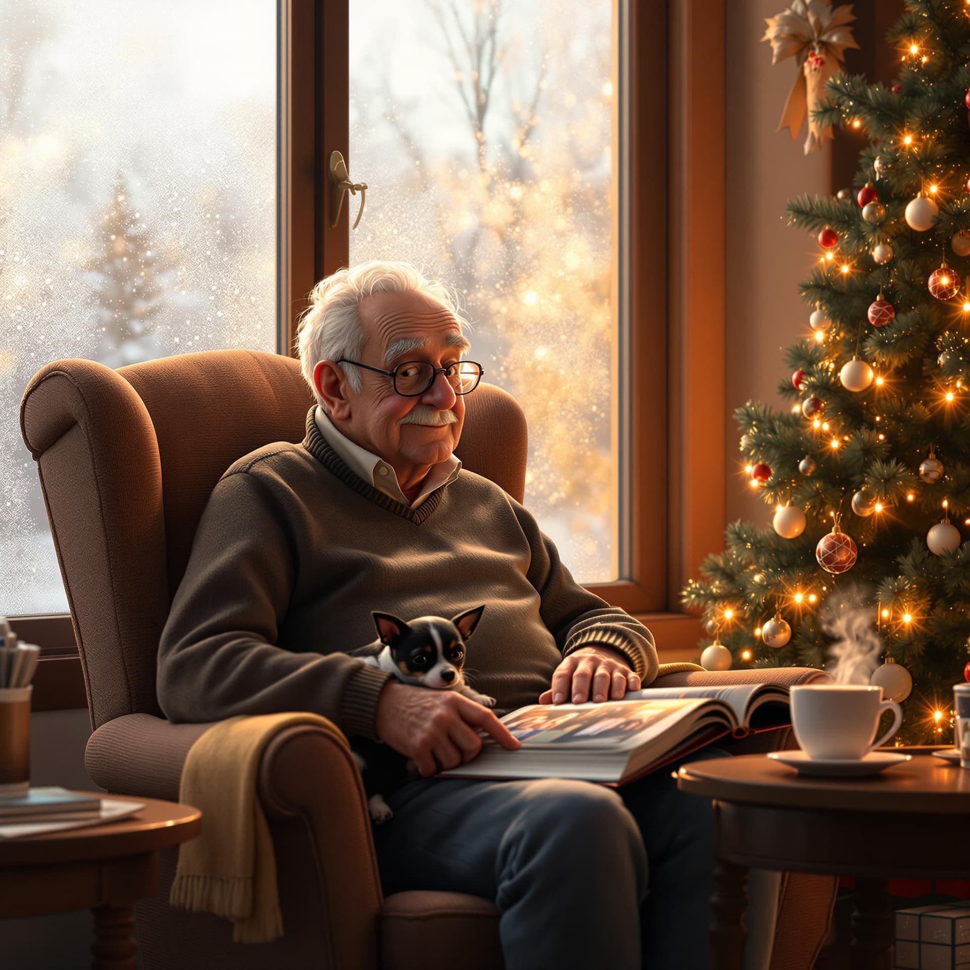 AI generated: A Pixar render-style medium shot of an elderly man sitting in a cozy armchair, with his small black ...