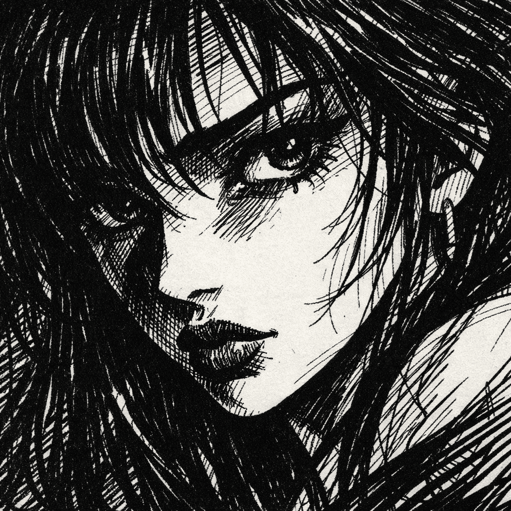AI generated: Vintage 90s anime, Scratchy pen strokes, blind contour, perspective closeup, beautiful girl, face in...