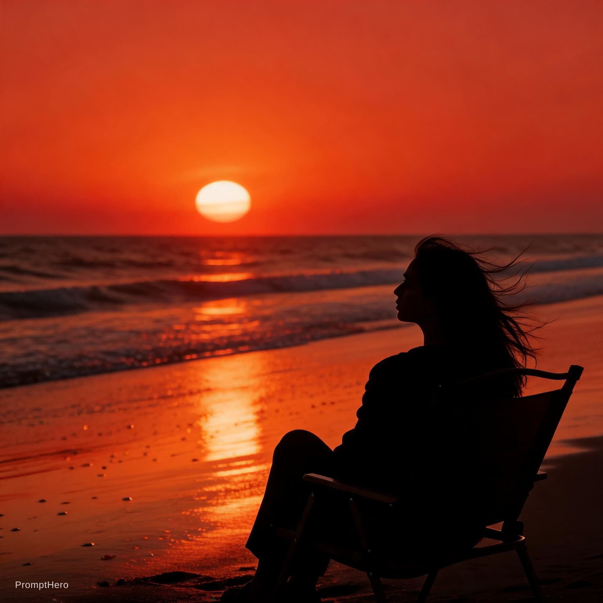 AI generated: cinematic seascape, warm color grading, long-lens compression, straight horizon, large sun near uppe...