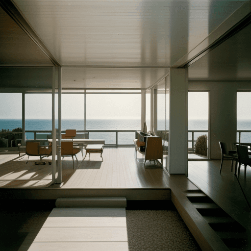 AI generated: Hyper realistic eye level exterior photo of a mid century modern style house overlooking the ocean, ...
