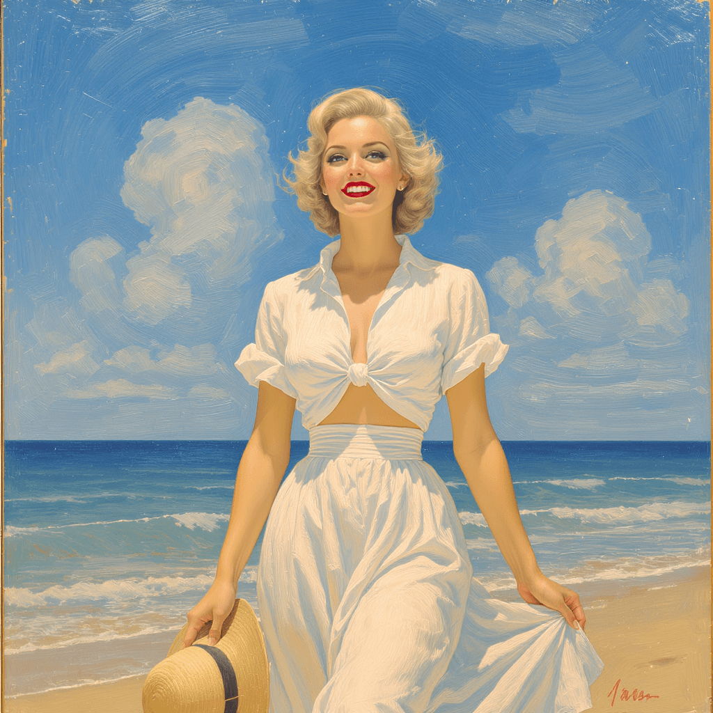 AI generated: A vintage-style oil painting in the 1950s pin-up aesthetic, under a vibrant blue sky on a sunny beac...