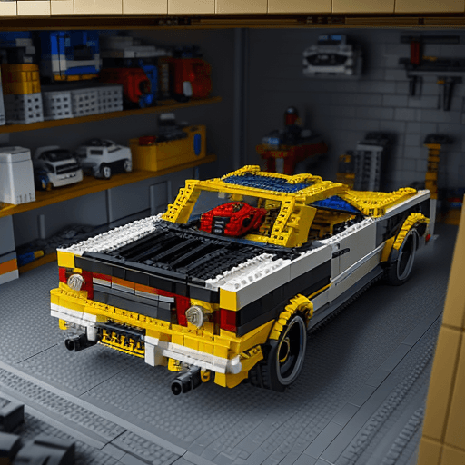 AI generated: A Lego car in a garage scene, lego set, highly detailed, intricate, technical, unreal engine 5
