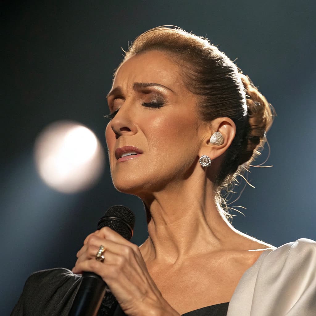 AI generated: Close-up of a powerful female singer on stage, in the style of Céline Dion, deeply focused and emoti...