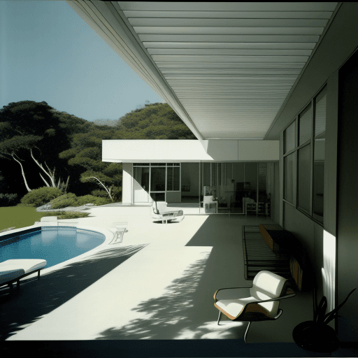 AI generated: Hyper realistic eye level exterior photo of a mid century modern style house overlooking the ocean, ...