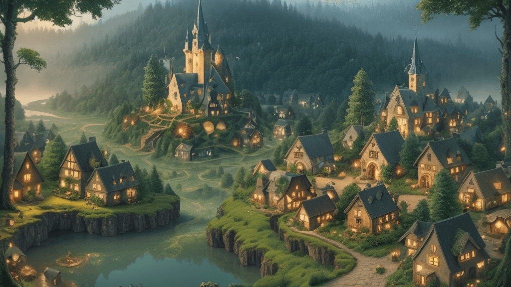 AI generated: a quaint little village nestled at the edge of a vast enchanted forest, 8k