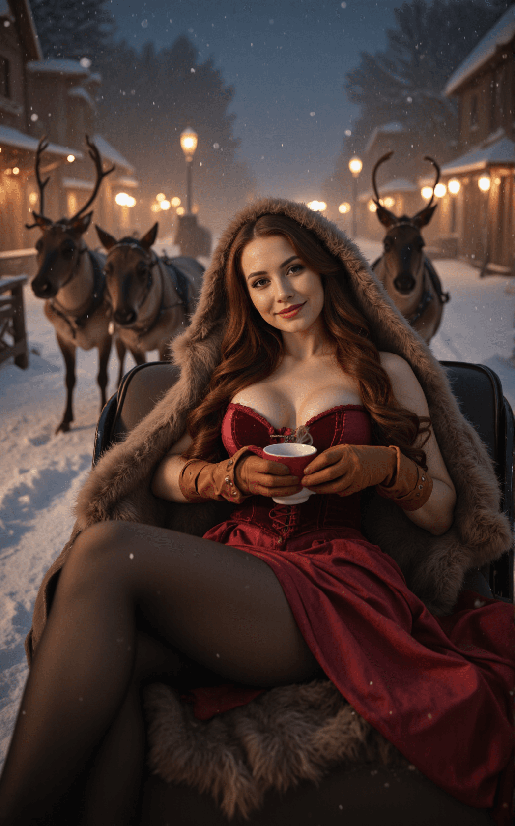 AI generated: A playful woman reclines in a horse-drawn sleigh, peeking from beneath a thick wool blanket with a k...