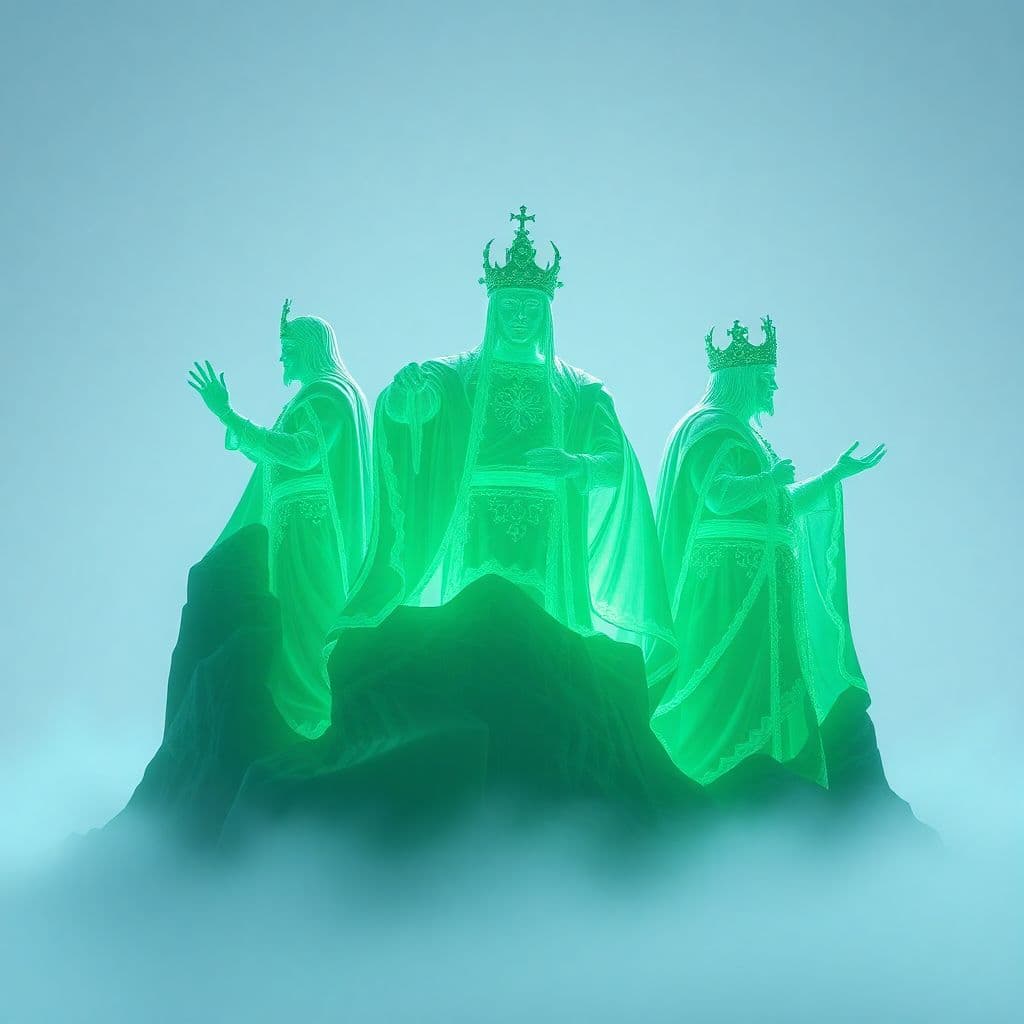 AI generated: Retrato etéreo de LOS TRES REYES MAGOS ,  transparente que  , brillando con un efecto bioluminiscent...