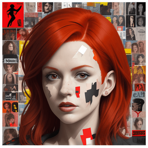 AI generated: woman with red hair, multi-layer collage style, bold street art, celebrity portraits, cardboard, fra...