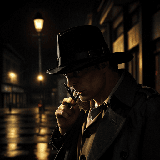 AI generated: A private eye with a trench coat and hat lighting a cigarette under a rainy street lamp at night,omi...