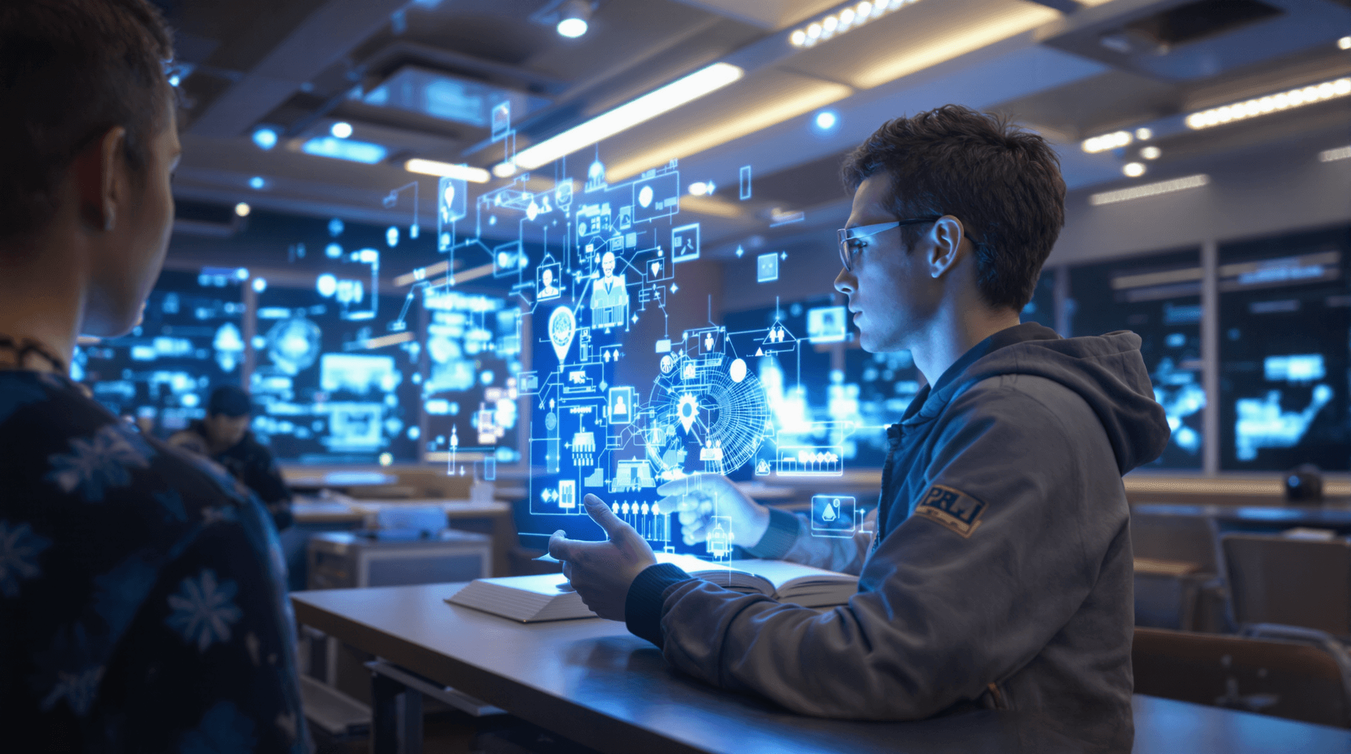 AI generated: A student using a holographic textbook in a futuristic classroom, glowing screens, ultra-realistic d...
