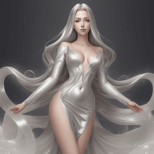 AI generated:  An elegant woman with long, flowing hair stands in a poised posture, wearing a sophisticated long-s...