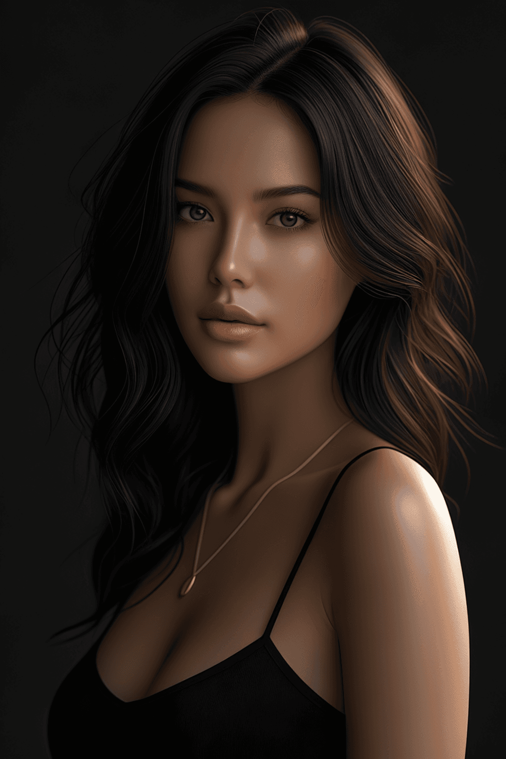 AI generated: A portrait of a young beautiful girl, smiling, Asymmetrical Cut hair style, fall dress, outdoor view...
