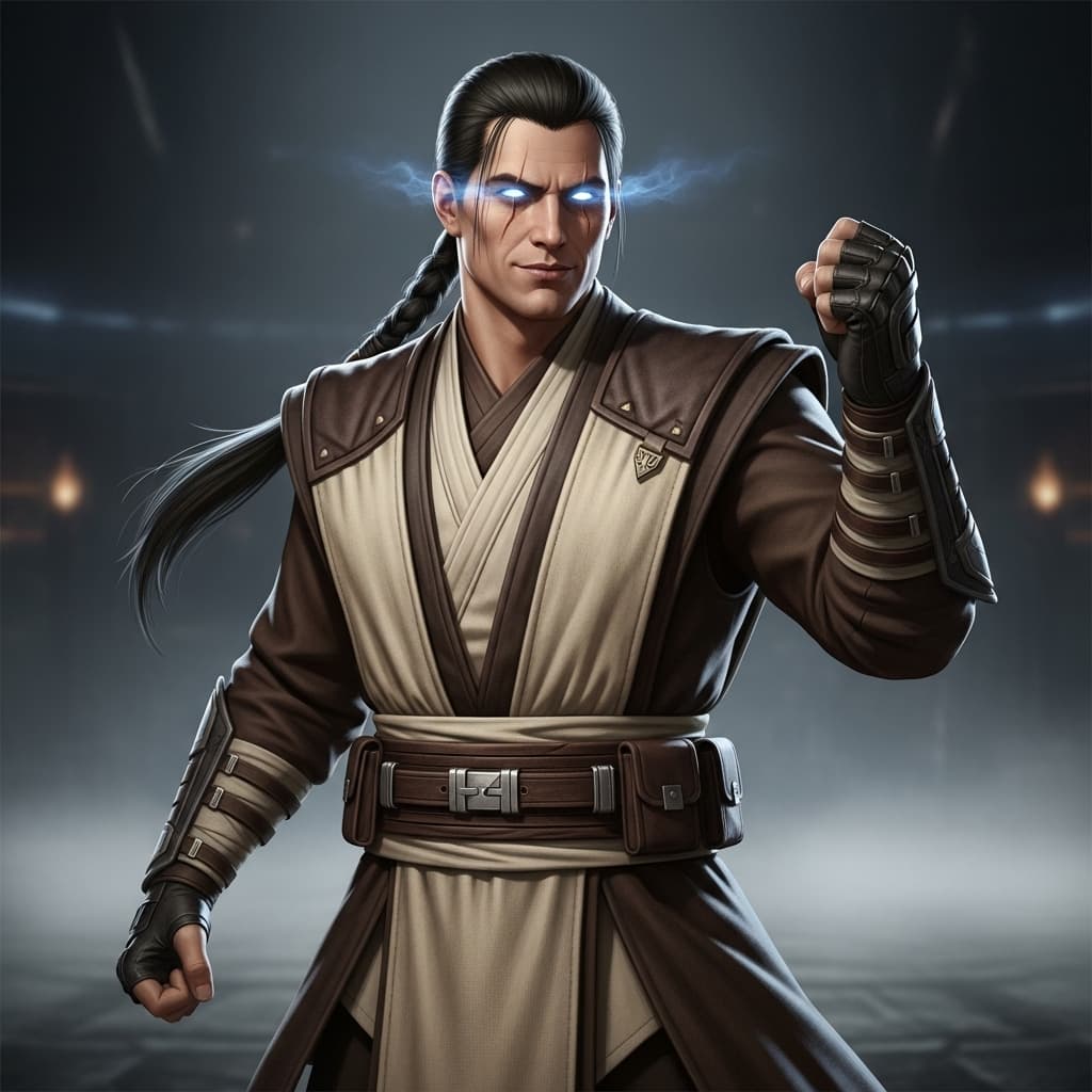 AI generated: Create a fighter in Mortal Kombat style... it is pale skin male with long black hair with pigtail. h...