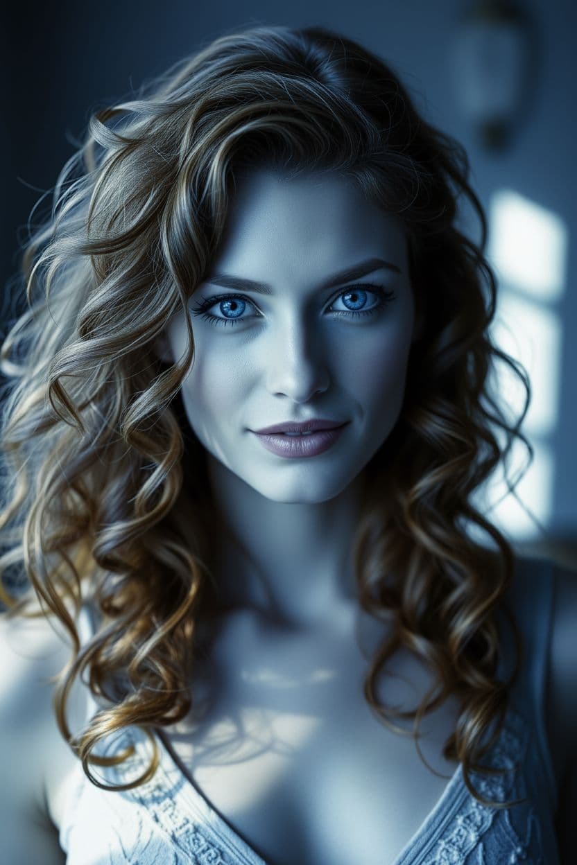 AI generated: Alternate:
"A commercial cinematic concept art portrait photograph of a a woman's piercing gaze, lo...