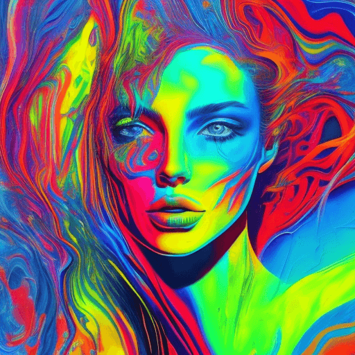 AI generated: psychedelic liquid painting, neon woman colors, green, blue cobalt, ruby red, orange, yellow, pink, ...