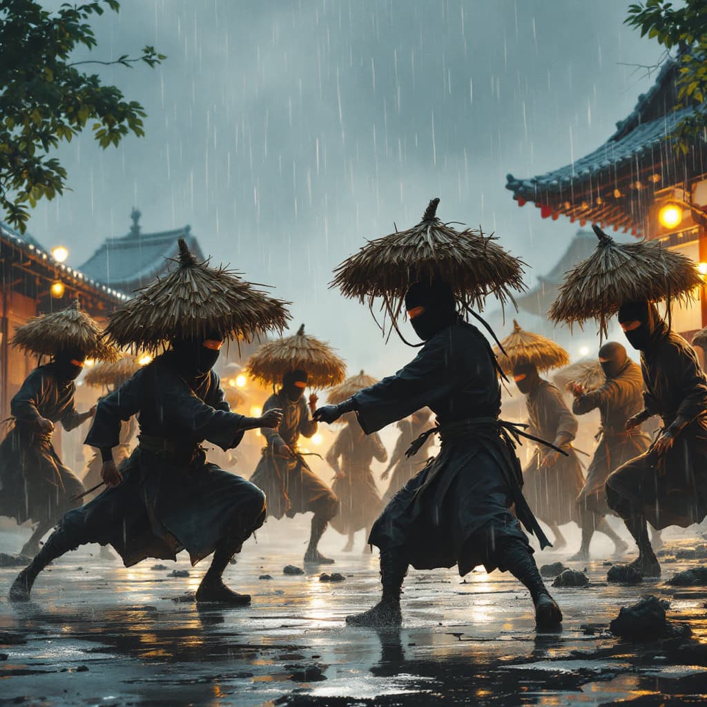AI generated: Ten ninja fighting under the rain with the huts on the back of their heads 