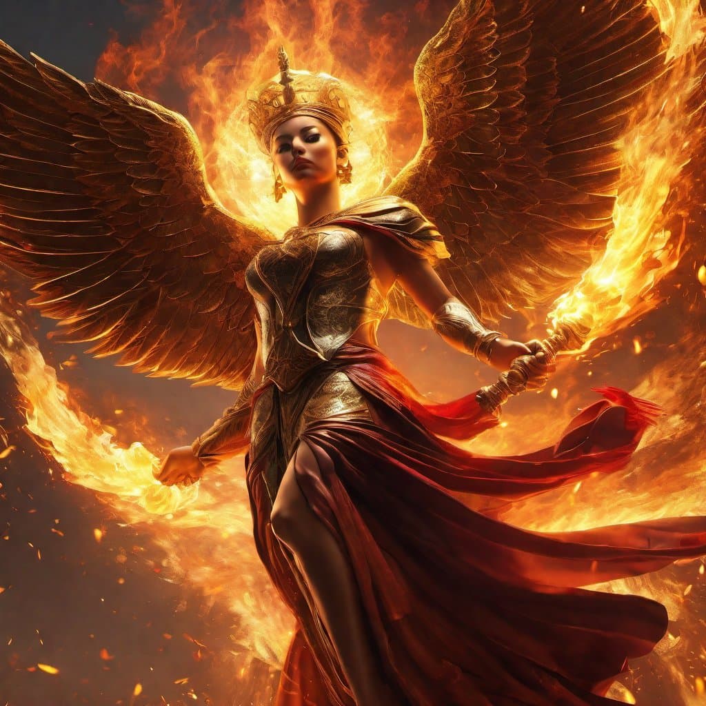 AI generated: The expression of a manifested being alight with the flames of victory, their object of triumph is a...