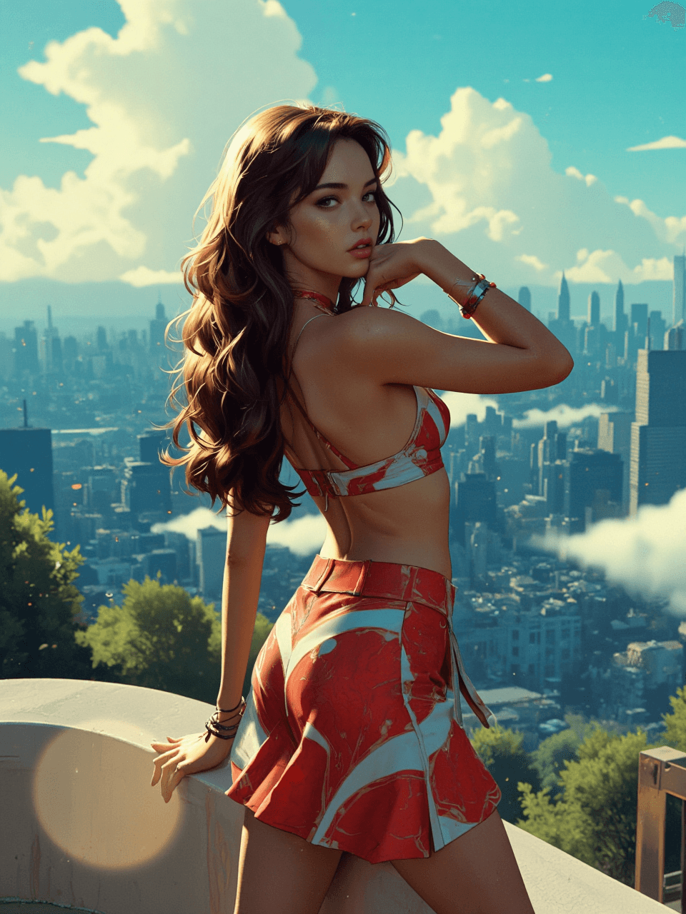 AI generated: A stunning portrait painting in 2D anime style depicting an elegant 70s dancer who has gracefully pl...