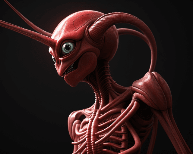 AI generated: alien creature, red, eyes growing on creature, spindly ; high detailed artwork by ilya kuvshinov ; s...
