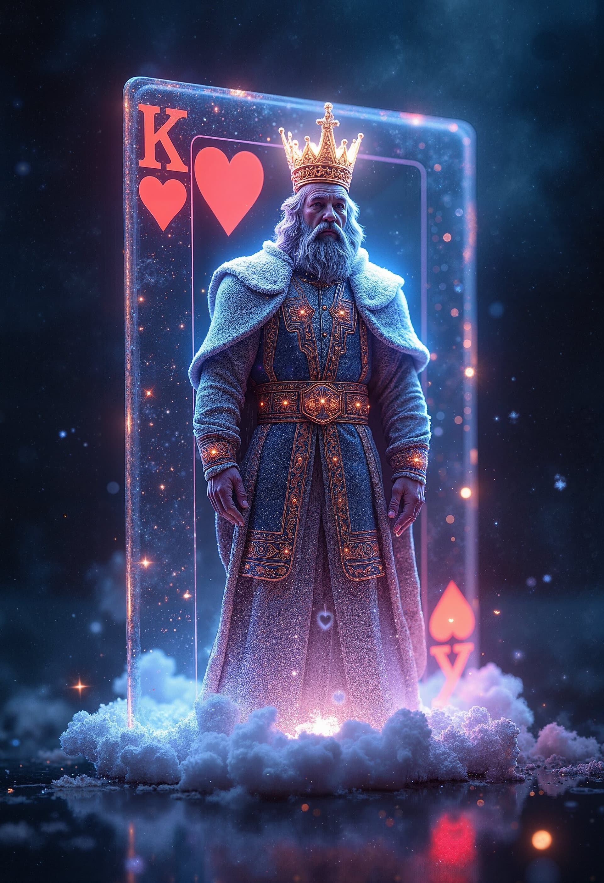 AI generated: The King of Hearts card transforms into a 3D hologram that appears to be made of cosmic energy. As t...