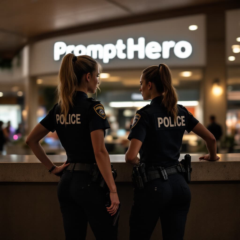 AI generated:  photo of two female police officers standing in front of the entrance to an American shopping mall,...
