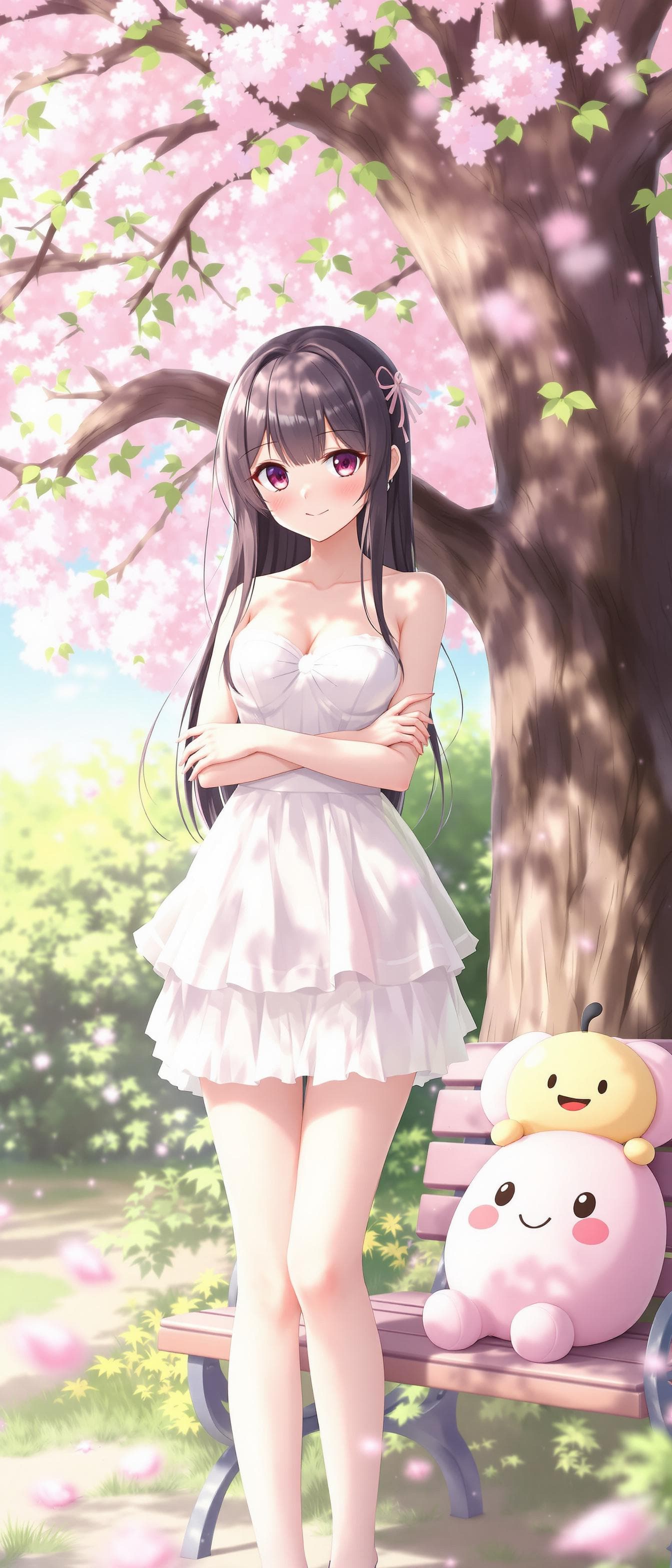 AI generated: ilustrastion anime, 1girl, outdoors, garden, cherry blossoms, standing near the tree, cross arms, bl...