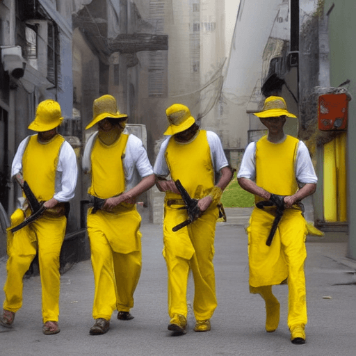 AI generated: A gang of four men wearing yellow and carrying weapons