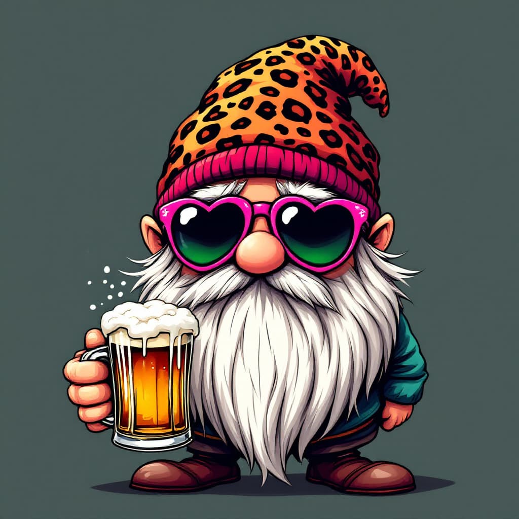 AI generated: 
A gnome with a leopard-print beanie and heart-shaped sunglasses, holding a mug of beer,  detailed, ...