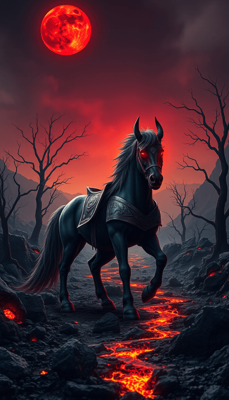 AI generated: A legendary Dreadsteed stands menacingly in a barren, otherworldly landscape under a blood-red moon....