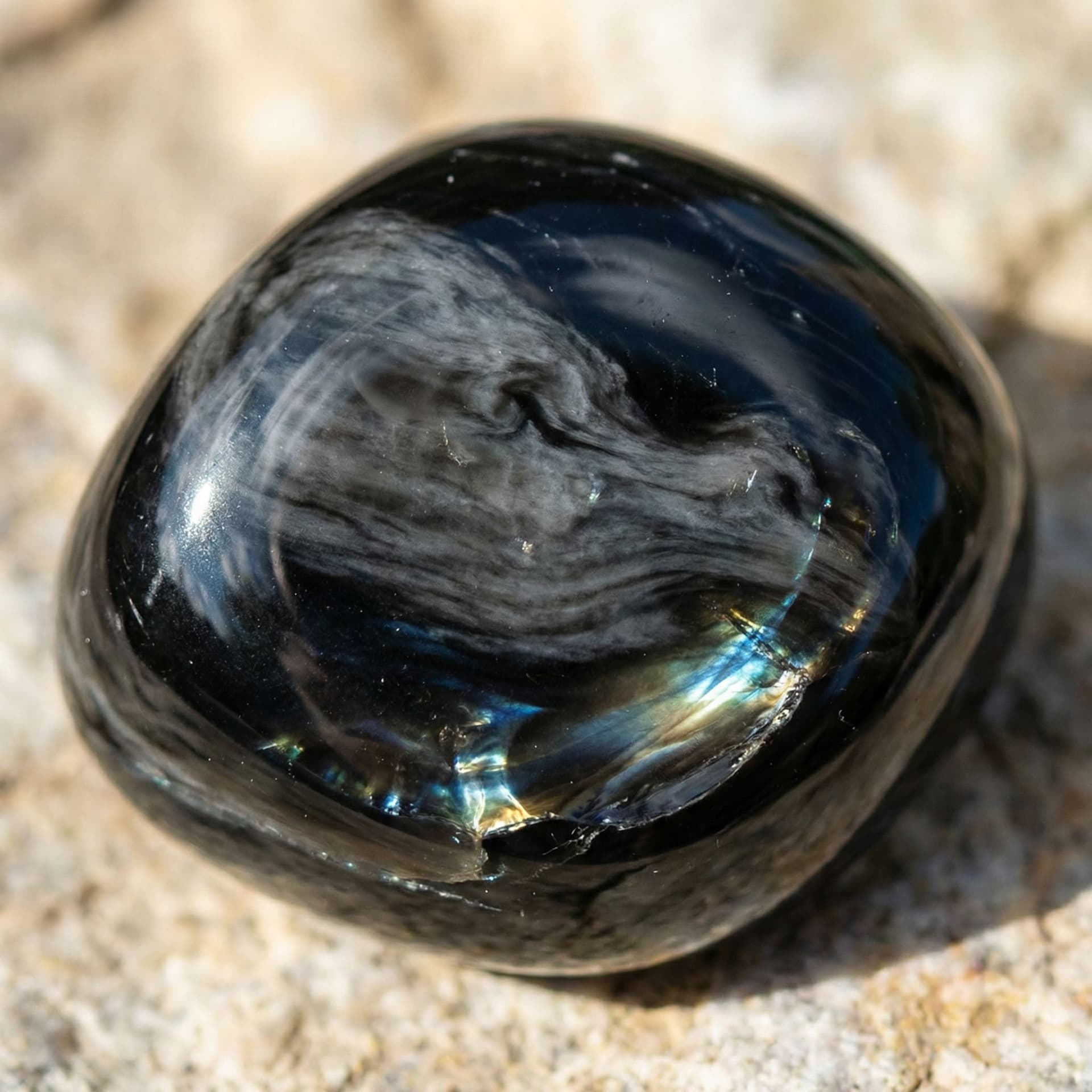 AI generated: Black obsidian with grey whips flowing through it like clouds and it has a shine like opal