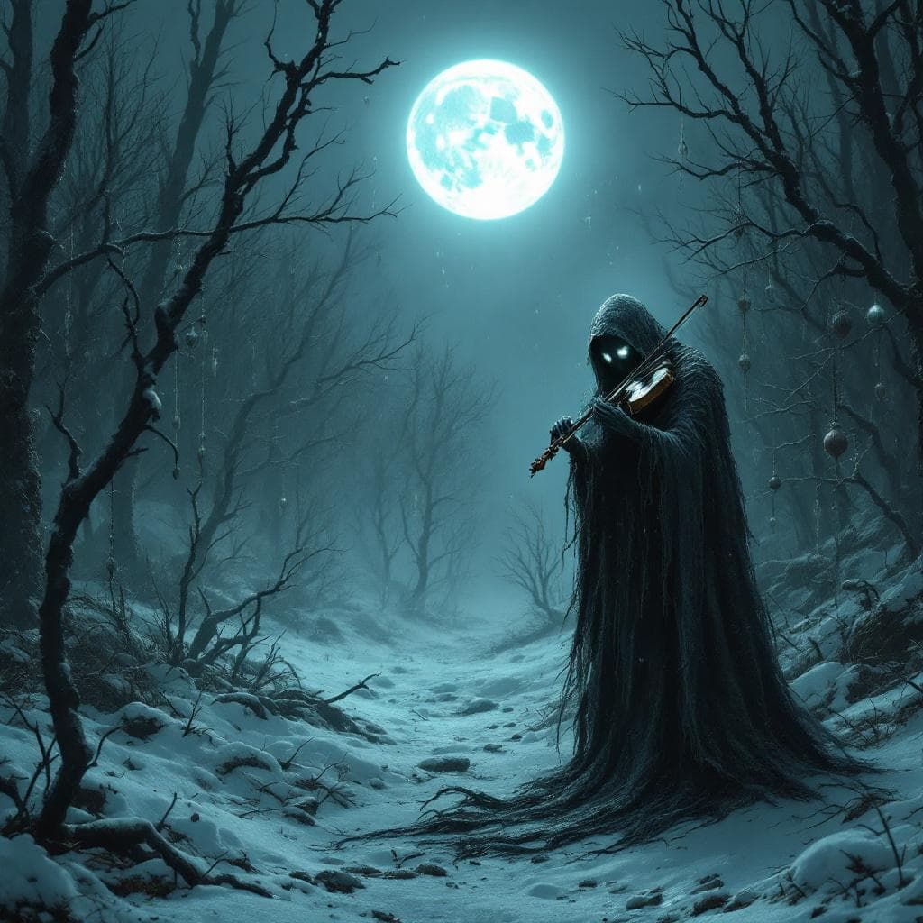 AI generated: A solitary, spectral figure in a tattered winter cloak plays a cracked violin beneath the haunting f...