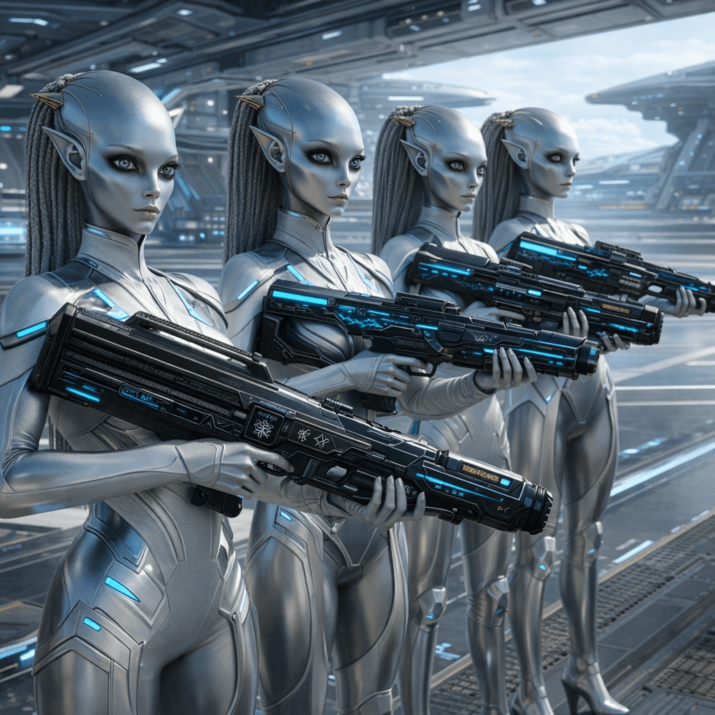 AI generated: Create an image where all the charactes are  holding the reference weapons in a formation. Change ba...