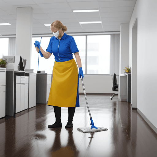 AI generated: cleaning woman using a mop from "Harmsen Trading GmbH" to clean the floor of an office.