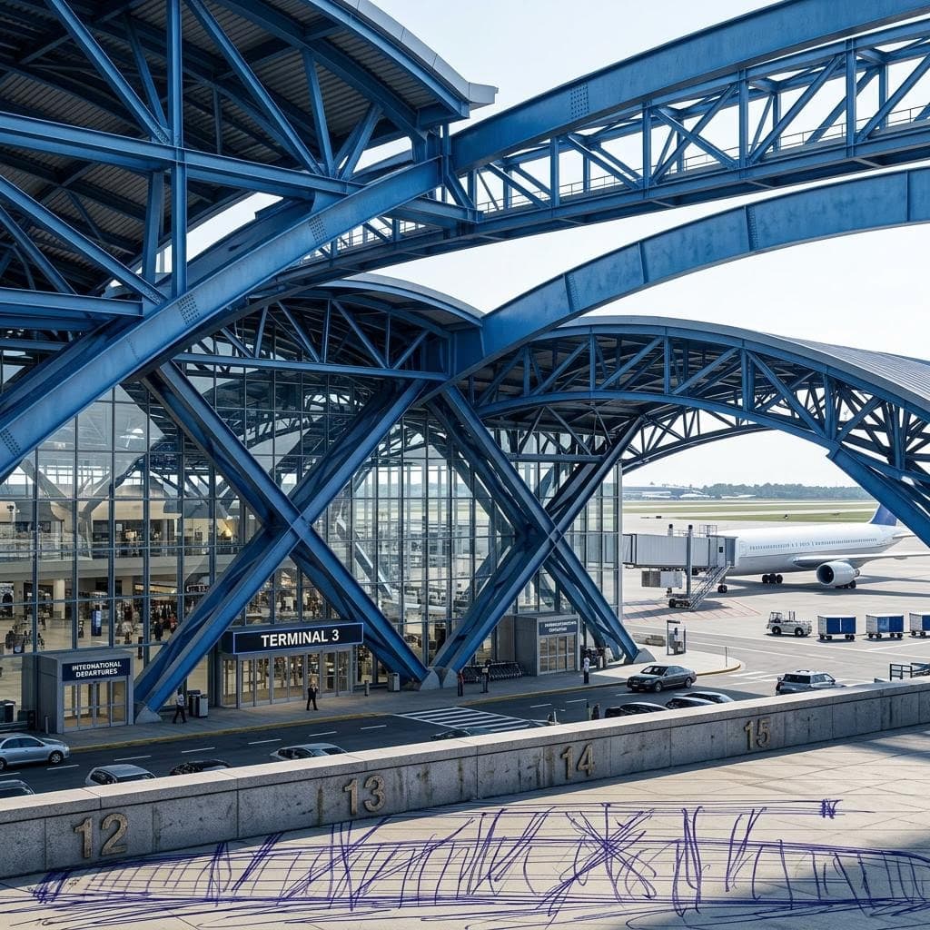 AI generated: Make this sketch building look like an airport terminal. Keep the lines and geometry of the picture.