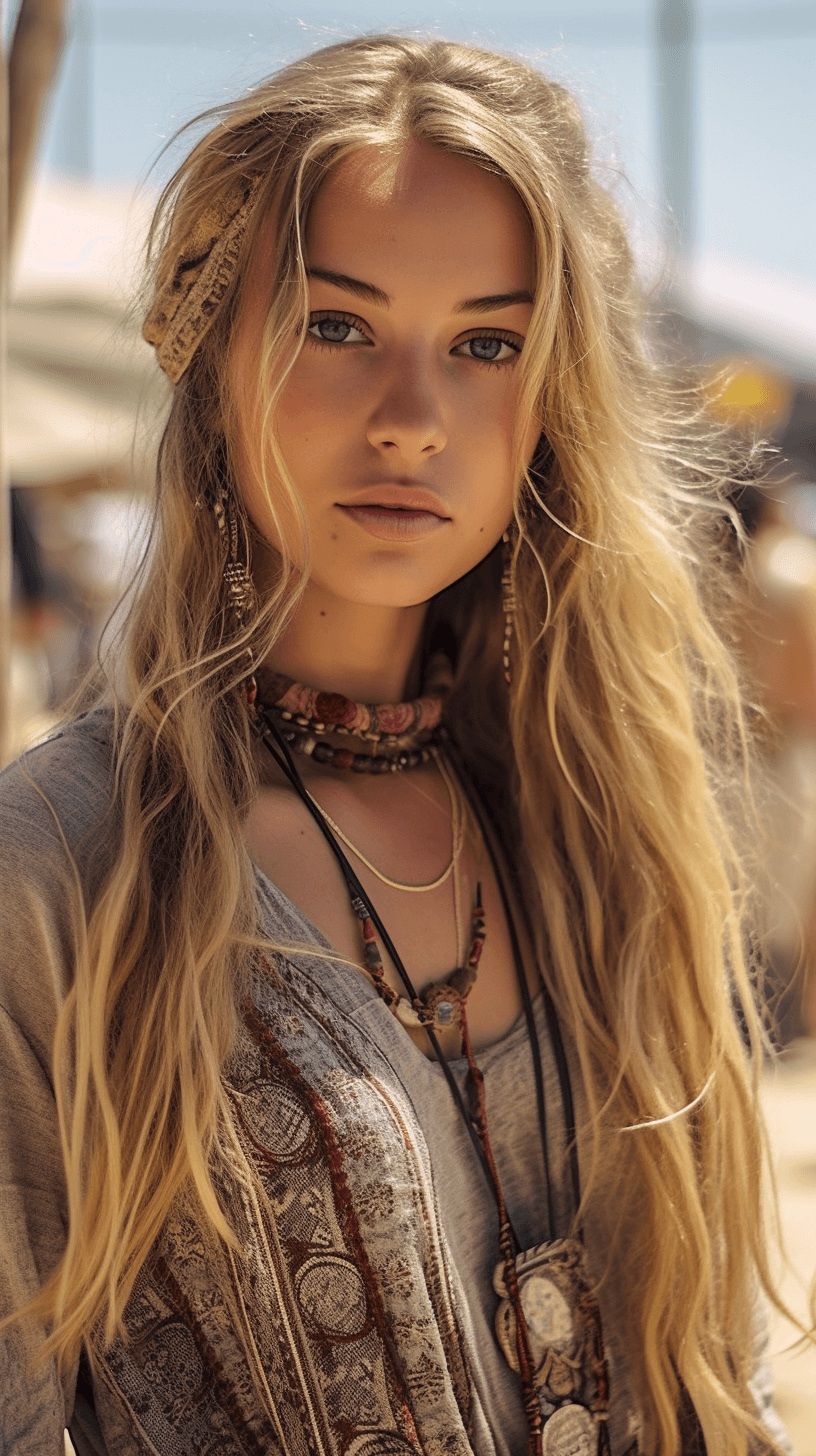 AI generated: Human, woman, looking into camera, highly detailed, HDR, 8k. long hair. big lips. big eyes. coachell...