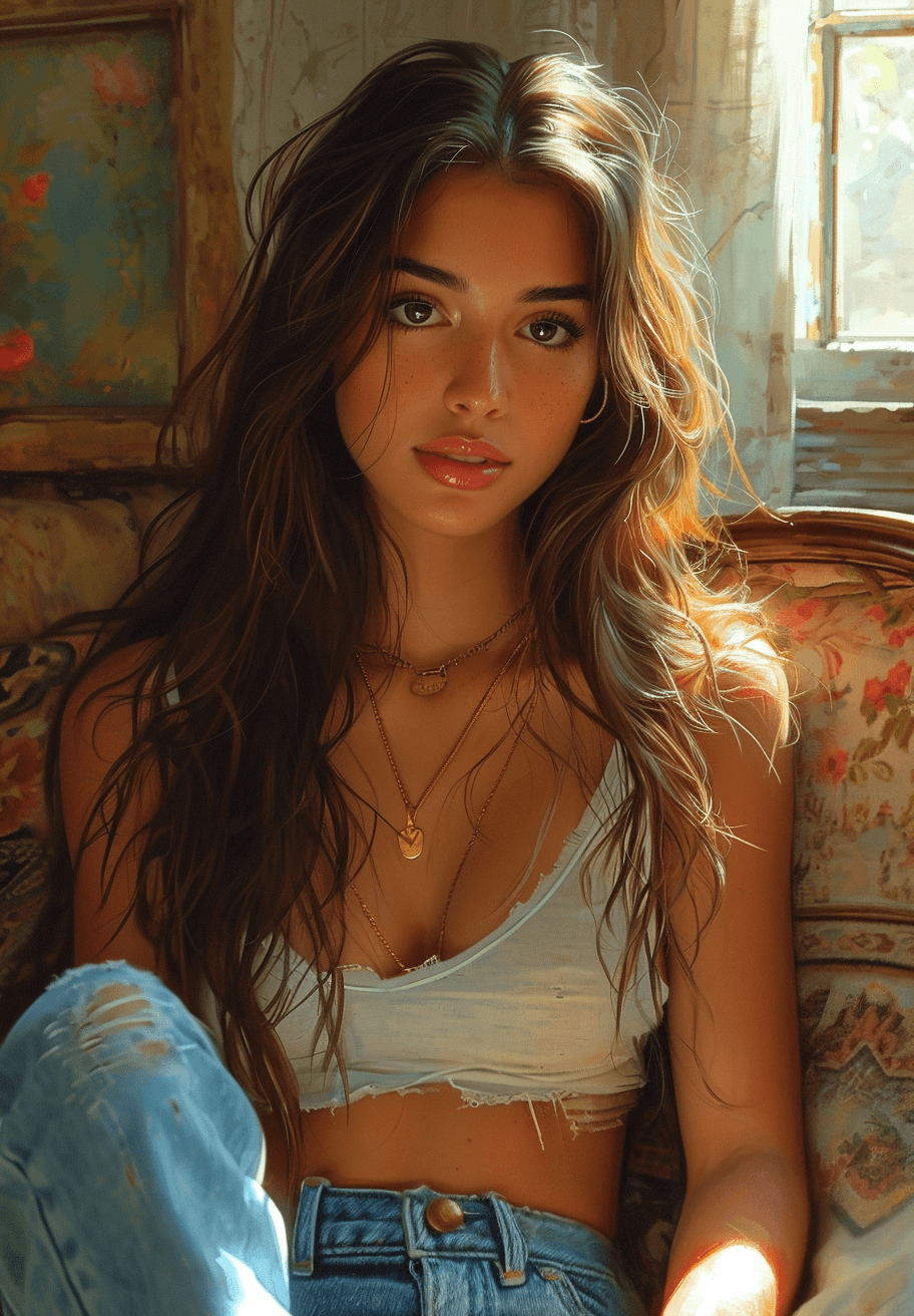AI generated: a woman, with long hair in jeans, sitting on a couch, in the style of cartoon realism, i can't belie...