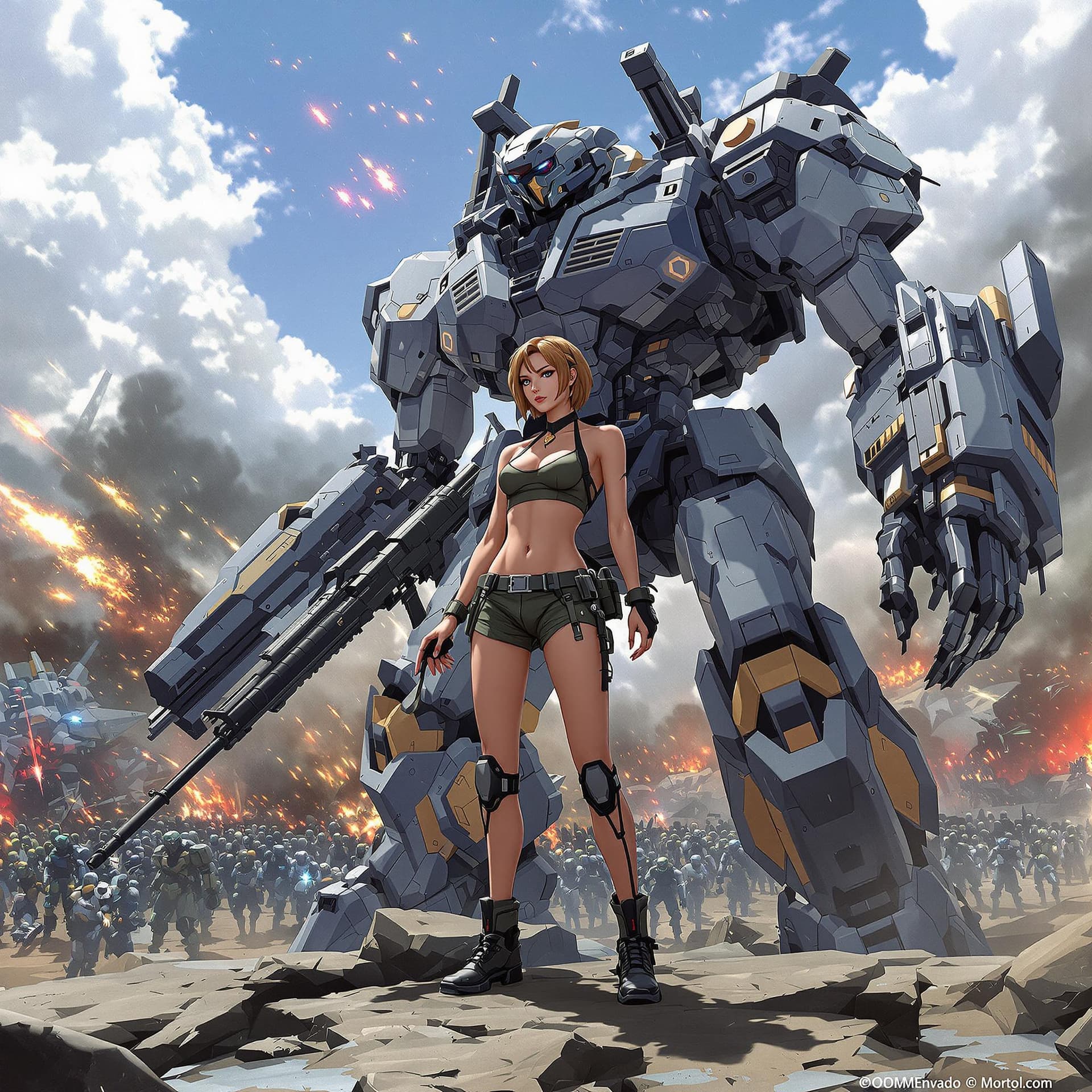AI generated: In the style of Yoji Shinkawa, full body shot of a young beautiful European woman with gun and her l...