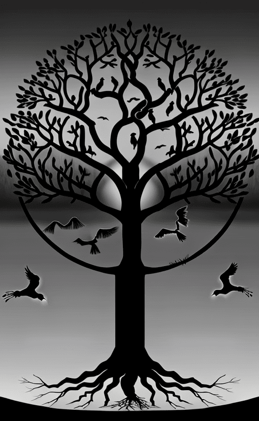 AI generated:  hyper realistic black and grey style tree of life with no leaves, with right side of tree filled wi...