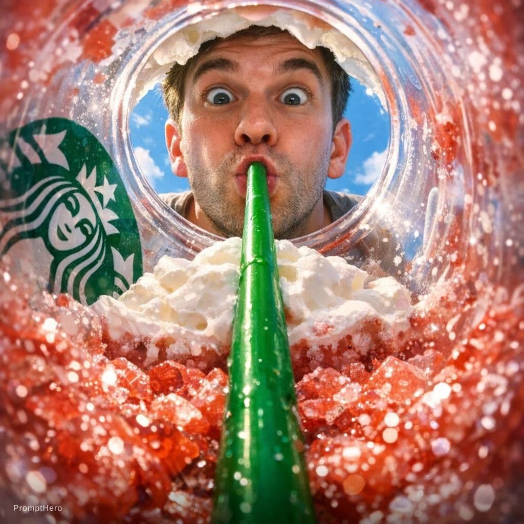 AI generated: {
  "prompt": "View from inside a Starbucks strawberry frappuccino cup looking up, fisheye lens extr...