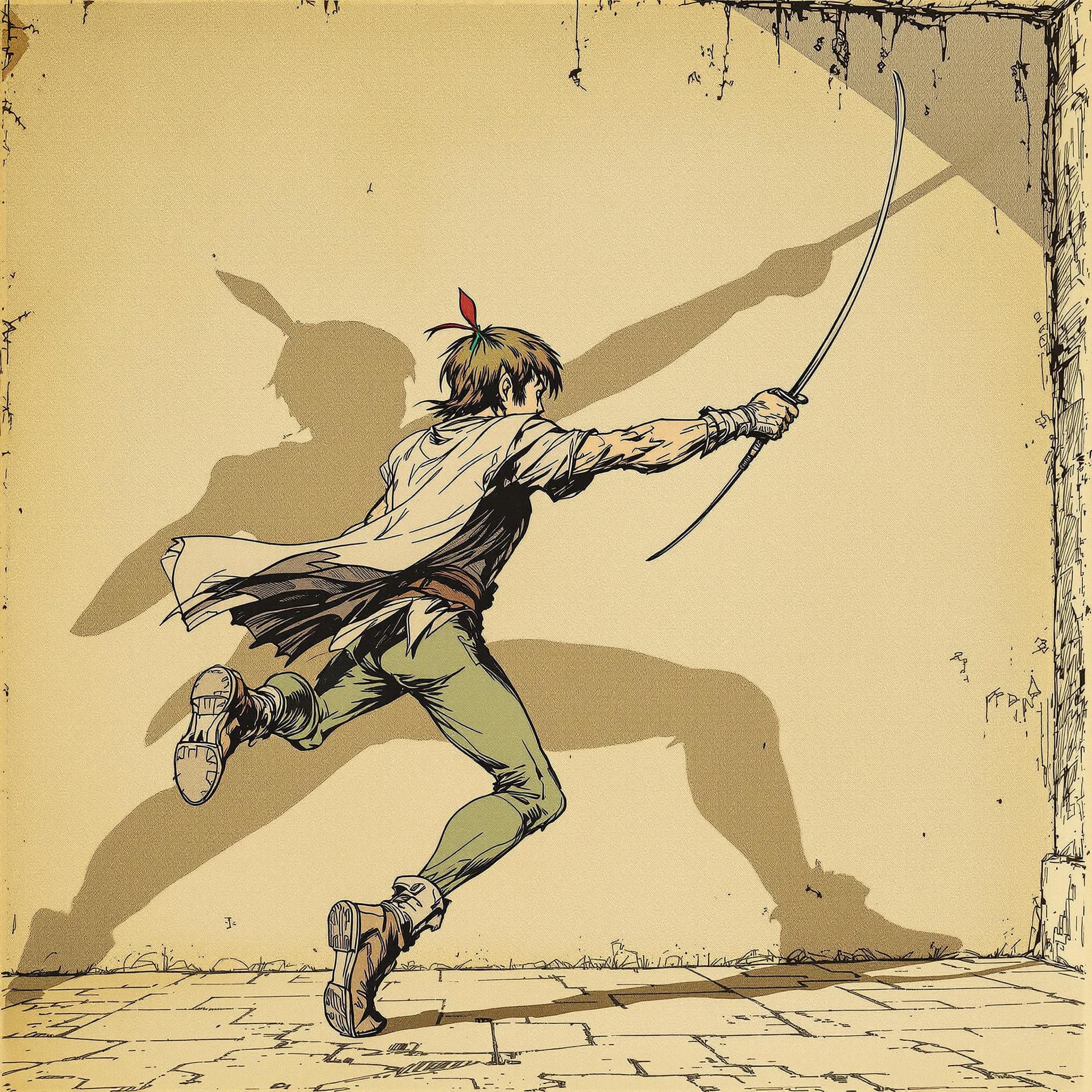 AI generated: Photorealistic comic book cover illustration, full body shot of peter pan fencing with his shadow ag...