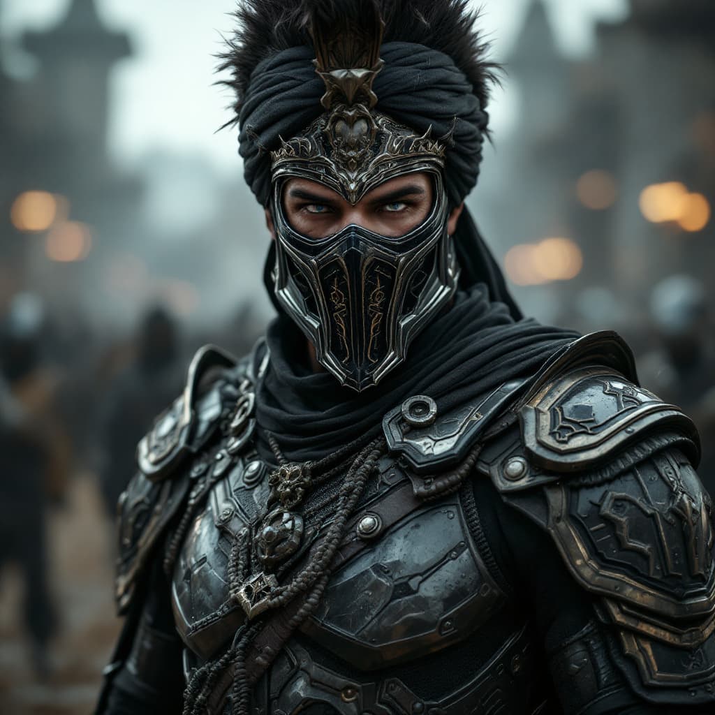 AI generated: Male Legionary warrior in a Futurist battleground, wearing a full battle face mask, helm, and turban...
